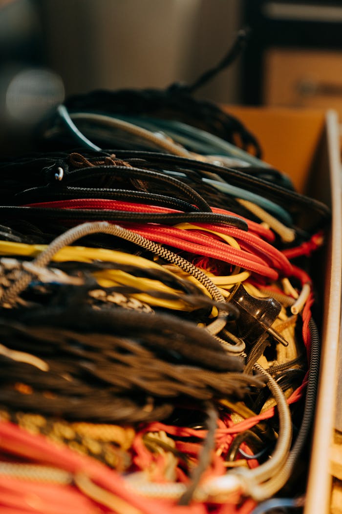 A close-up view of various colorful cables and wires coiled in a box.